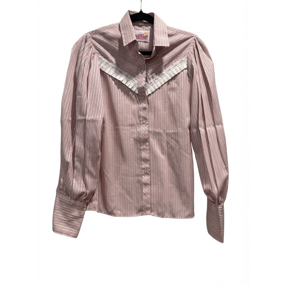 Vintage‎ Millie Pink Striped Western Blouse Lace Yoke Puff Sleeve USA Made 11/12